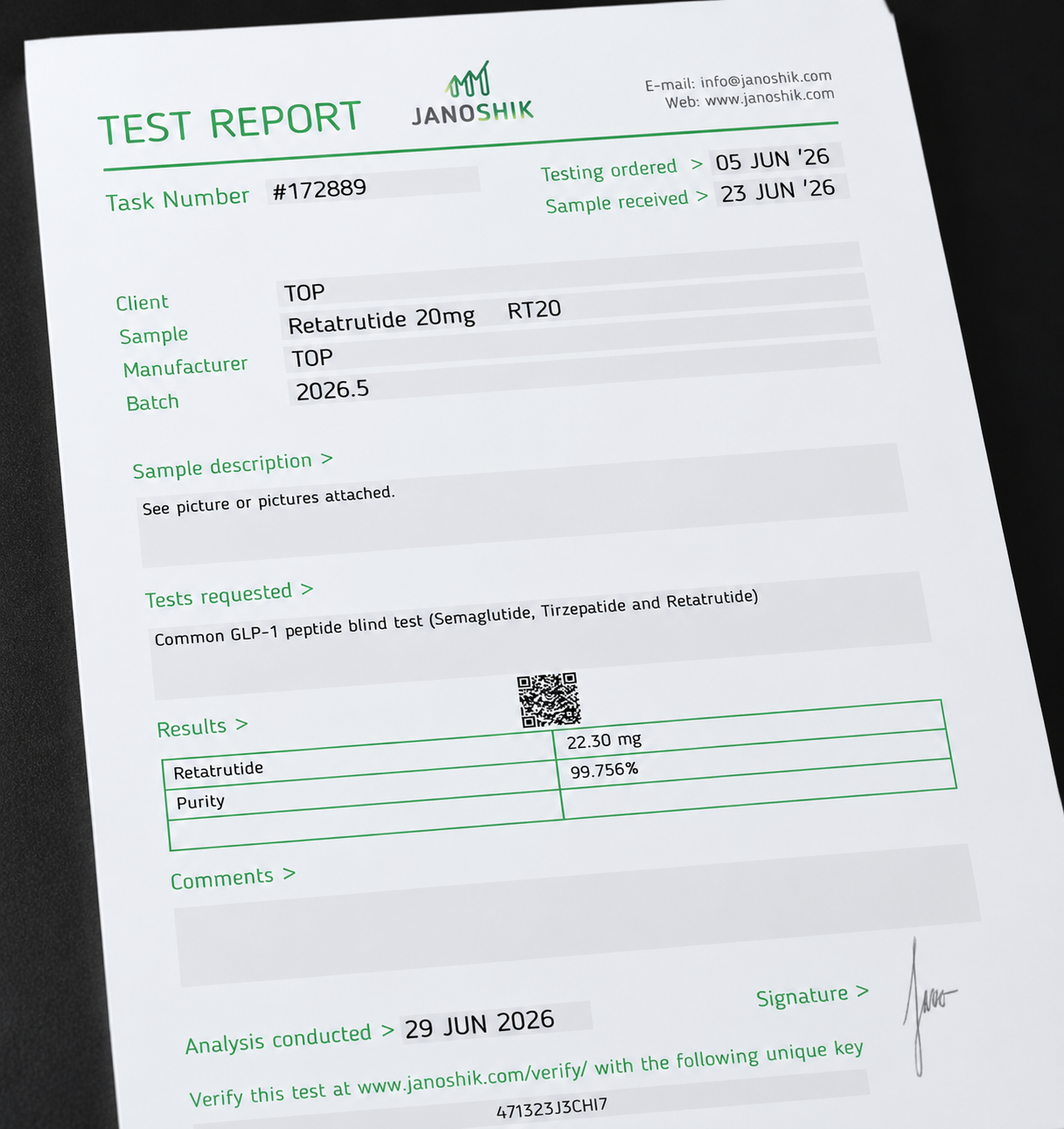 A TOP Pep Certificate of Analysis